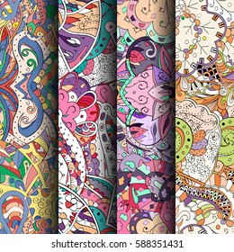 Set of tracery colorful seamless patterns. Curved doodling backgrounds for textile or printing with mehndi and ethnic motives. Vector.