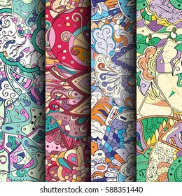 Set of tracery colorful seamless patterns. Curved doodling backgrounds for textile or printing with mehndi and ethnic motives. Vector.
