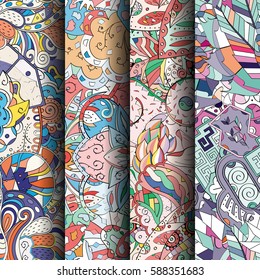 Set of tracery colorful seamless patterns. Curved doodling backgrounds for textile or printing with mehndi and ethnic motives. Vector.