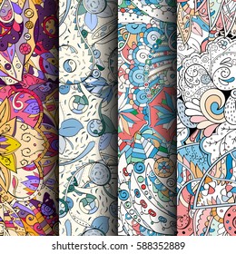 Set of tracery colorful seamless patterns. Curved doodling backgrounds for textile or printing with mehndi and ethnic motives. Vector.