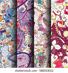 Set of tracery colorful seamless patterns. Curved doodling backgrounds for textile or printing with mehndi and ethnic motives. Vector.