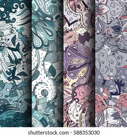 Set of tracery colorful seamless patterns. Curved doodling backgrounds for textile or printing with mehndi and ethnic motives. Vector.