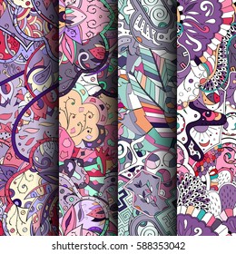 Set of tracery colorful seamless patterns. Curved doodling backgrounds for textile or printing with mehndi and ethnic motives. Vector.