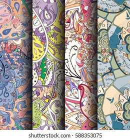 Set of tracery colorful seamless patterns. Curved doodling backgrounds for textile or printing with mehndi and ethnic motives. Vector.