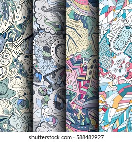Set of tracery colorful seamless patterns. Curved doodling backgrounds for textile or printing with mehndi and ethnic motives. Vector.