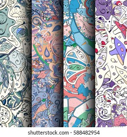 Set of tracery colorful seamless patterns. Curved doodling backgrounds for textile or printing with mehndi and ethnic motives. Vector.