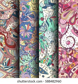 Set of tracery colorful seamless patterns. Curved doodling backgrounds for textile or printing with mehndi and ethnic motives. Vector.