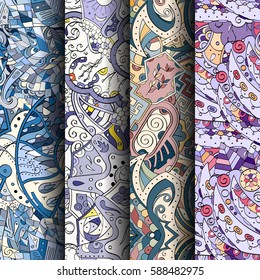 Set of tracery colorful seamless patterns. Curved doodling backgrounds for textile or printing with mehndi and ethnic motives. Vector.