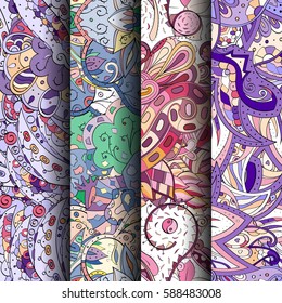 Set of tracery colorful seamless patterns. Curved doodling backgrounds for textile or printing with mehndi and ethnic motives. Vector.
