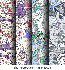 Set of tracery colorful seamless patterns. Curved doodling backgrounds for textile or printing with mehndi and ethnic motives. Vector.