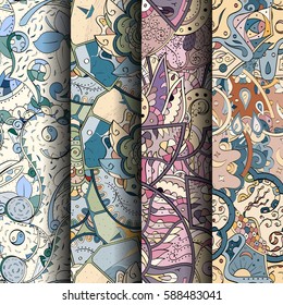 Set of tracery colorful seamless patterns. Curved doodling backgrounds for textile or printing with mehndi and ethnic motives. Vector.