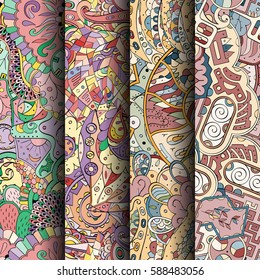 Set of tracery colorful seamless patterns. Curved doodling backgrounds for textile or printing with mehndi and ethnic motives. Vector.
