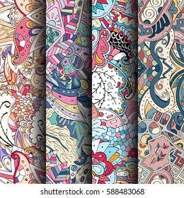 Set of tracery colorful seamless patterns. Curved doodling backgrounds for textile or printing with mehndi and ethnic motives. Vector.