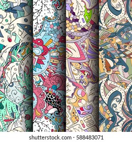 Set of tracery colorful seamless patterns. Curved doodling backgrounds for textile or printing with mehndi and ethnic motives. Vector.