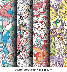 Set of tracery colorful seamless patterns. Curved doodling backgrounds for textile or printing with mehndi and ethnic motives. Vector.