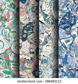 Set of tracery colorful seamless patterns. Curved doodling backgrounds for textile or printing with mehndi and ethnic motives. Vector.