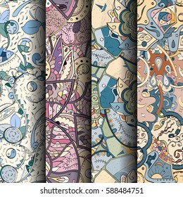 Set of tracery colorful seamless patterns. Curved doodling backgrounds for textile or printing with mehndi and ethnic motives. Vector.