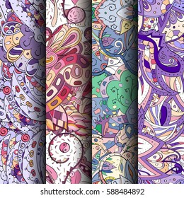 Set of tracery colorful seamless patterns. Curved doodling backgrounds for textile or printing with mehndi and ethnic motives. Vector.