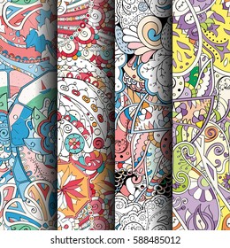 Set of tracery colorful seamless patterns. Curved doodling backgrounds for textile or printing with mehndi and ethnic motives. Vector.