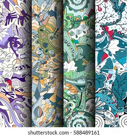 Set of tracery colorful seamless patterns. Curved doodling backgrounds for textile or printing with mehndi and ethnic motives. Vector.