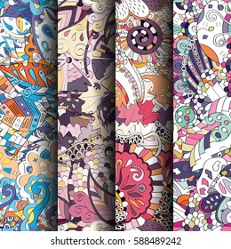 Set of tracery colorful seamless patterns. Curved doodling backgrounds for textile or printing with mehndi and ethnic motives. Vector.