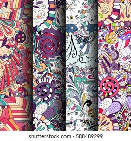 Set of tracery colorful seamless patterns. Curved doodling backgrounds for textile or printing with mehndi and ethnic motives. Vector.