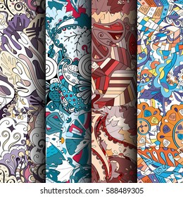 Set of tracery colorful seamless patterns. Curved doodling backgrounds for textile or printing with mehndi and ethnic motives. Vector.