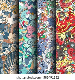 Set of tracery colorful seamless patterns. Curved doodling backgrounds for textile or printing with mehndi and ethnic motives. Vector.
