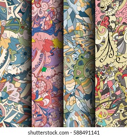 Set of tracery colorful seamless patterns. Curved doodling backgrounds for textile or printing with mehndi and ethnic motives. Vector.