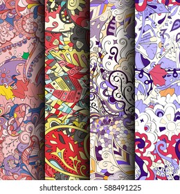 Set of tracery colorful seamless patterns. Curved doodling backgrounds for textile or printing with mehndi and ethnic motives. Vector.