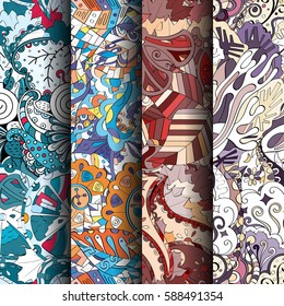 Set of tracery colorful seamless patterns. Curved doodling backgrounds for textile or printing with mehndi and ethnic motives. Vector.