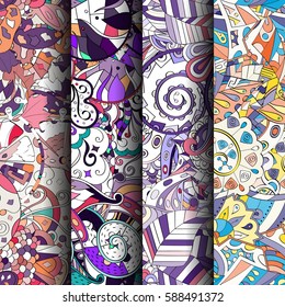 Set of tracery colorful seamless patterns. Curved doodling backgrounds for textile or printing with mehndi and ethnic motives. Vector.