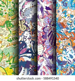 Set of tracery colorful seamless patterns. Curved doodling backgrounds for textile or printing with mehndi and ethnic motives. Vector.
