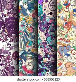 Set of tracery colorful seamless patterns. Curved doodling backgrounds for textile or printing with mehndi and ethnic motives. Vector.