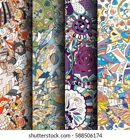 Set of tracery colorful seamless patterns. Curved doodling backgrounds for textile or printing with mehndi and ethnic motives. Vector.