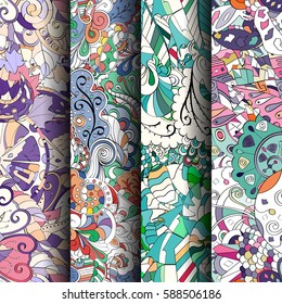 Set of tracery colorful seamless patterns. Curved doodling backgrounds for textile or printing with mehndi and ethnic motives. Vector.