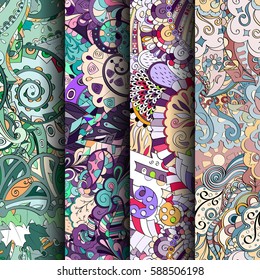 Set of tracery colorful seamless patterns. Curved doodling backgrounds for textile or printing with mehndi and ethnic motives. Vector.