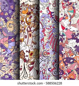 Set of tracery colorful seamless patterns. Curved doodling backgrounds for textile or printing with mehndi and ethnic motives. Vector.