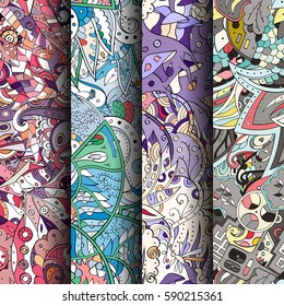 Set of tracery colorful seamless patterns. Curved doodling backgrounds for textile or printing with mehndi and ethnic motives. Vector.