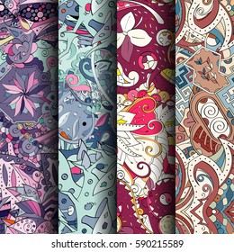 Set of tracery colorful seamless patterns. Curved doodling backgrounds for textile or printing with mehndi and ethnic motives. Vector.
