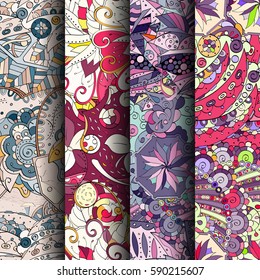 Set of tracery colorful seamless patterns. Curved doodling backgrounds for textile or printing with mehndi and ethnic motives. Vector.