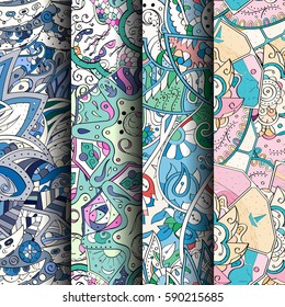 Set of tracery colorful seamless patterns. Curved doodling backgrounds for textile or printing with mehndi and ethnic motives. Vector.