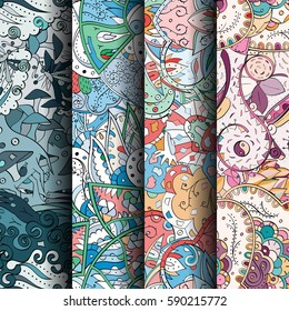 Set of tracery colorful seamless patterns. Curved doodling backgrounds for textile or printing with mehndi and ethnic motives. Vector.