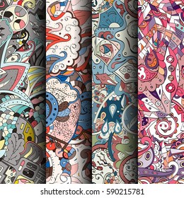 Set of tracery colorful seamless patterns. Curved doodling backgrounds for textile or printing with mehndi and ethnic motives. Vector.