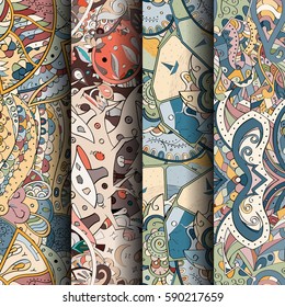 Set of tracery colorful seamless patterns. Curved doodling backgrounds for textile or printing with mehndi and ethnic motives. Vector.