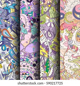Set of tracery colorful seamless patterns. Curved doodling backgrounds for textile or printing with mehndi and ethnic motives. Vector.