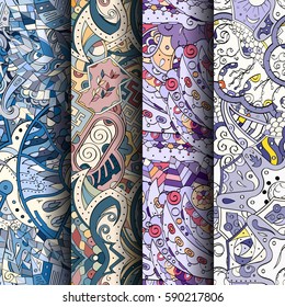 Set of tracery colorful seamless patterns. Curved doodling backgrounds for textile or printing with mehndi and ethnic motives. Vector.