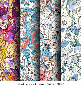 Set of tracery colorful seamless patterns. Curved doodling backgrounds for textile or printing with mehndi and ethnic motives. Vector.