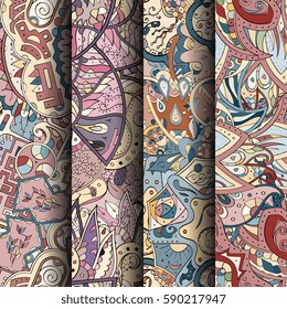 Set of tracery colorful seamless patterns. Curved doodling backgrounds for textile or printing with mehndi and ethnic motives. Vector.