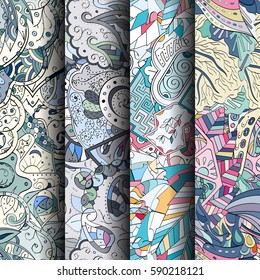 Set of tracery colorful seamless patterns. Curved doodling backgrounds for textile or printing with mehndi and ethnic motives. Vector.